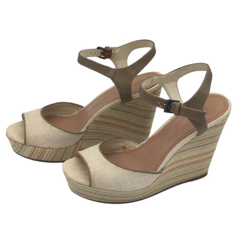 Lauren Conrad Tan Multi Color Peep Toe Platform Wedge size 7